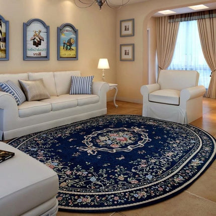 Granatowy owalny dywan w kwiaty