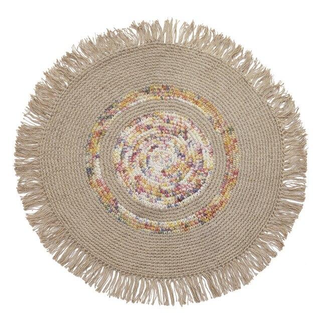 Okrągły dywan jutowy ecru z frędzlami