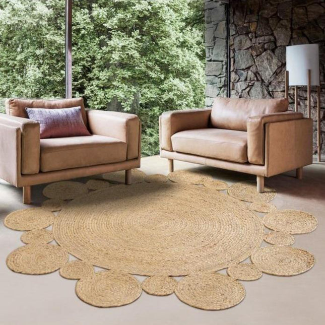 Tkany okrągły dywan jutowy boho
