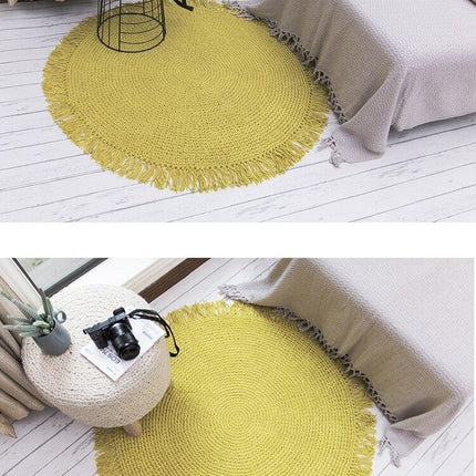 Zielony okrągły dywan jutowy z frędzlami