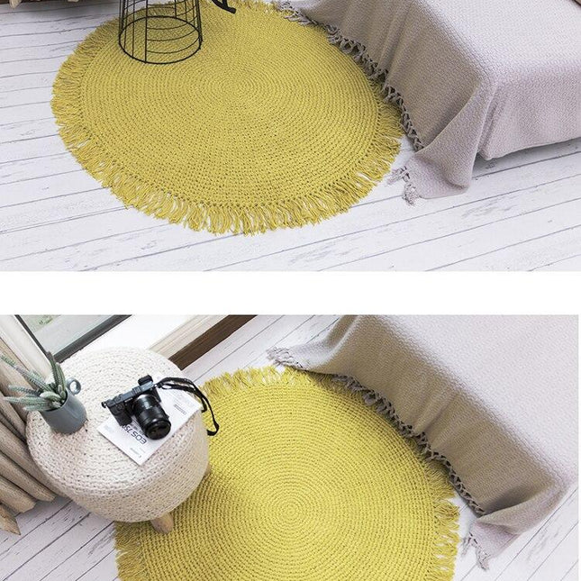 Zielony okrągły dywan jutowy z frędzlami