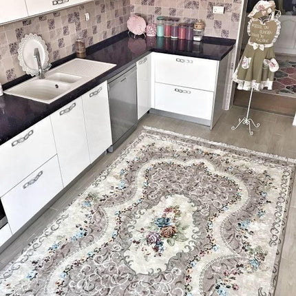 Szary dywan vintage do kuchni