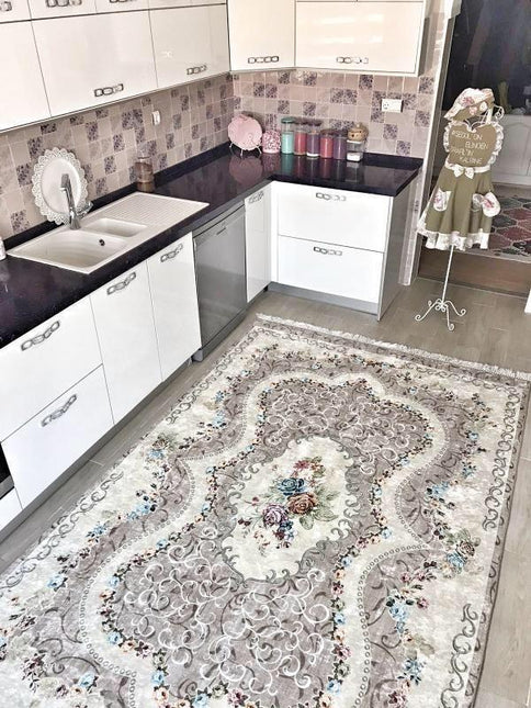 Szary dywan vintage do kuchni