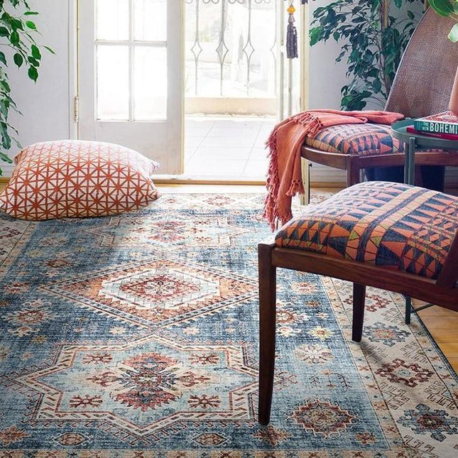 Niebiesko-beżowy dywan vintage styl boho